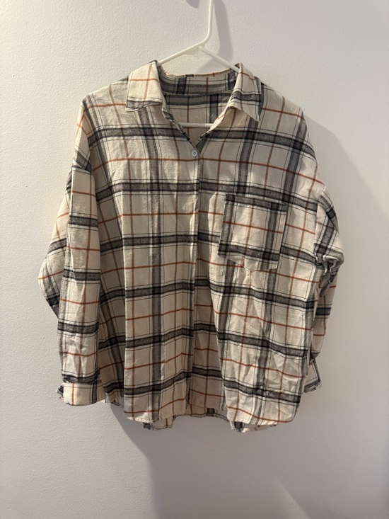 SHEIN Tops - SHEIN Cream Plaid Button-Up Shirt with Black & Rust Lines